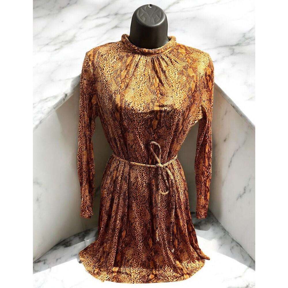 Vintage Miss Elaine Brown Snakeskin Mini Dress Tie Waist Size Small Retro Sexy